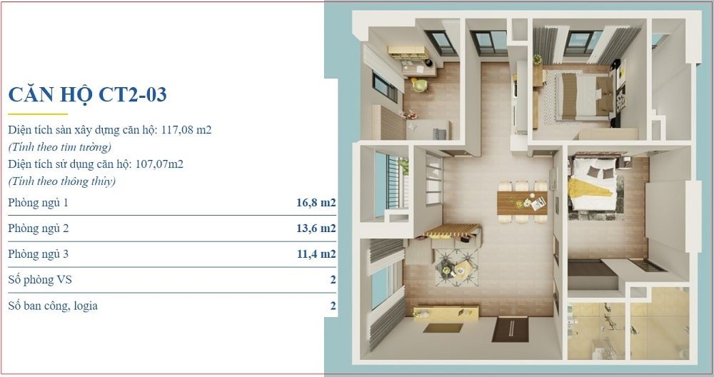 Mặt bằng chung cư X2 Đại Kim căn 107m2