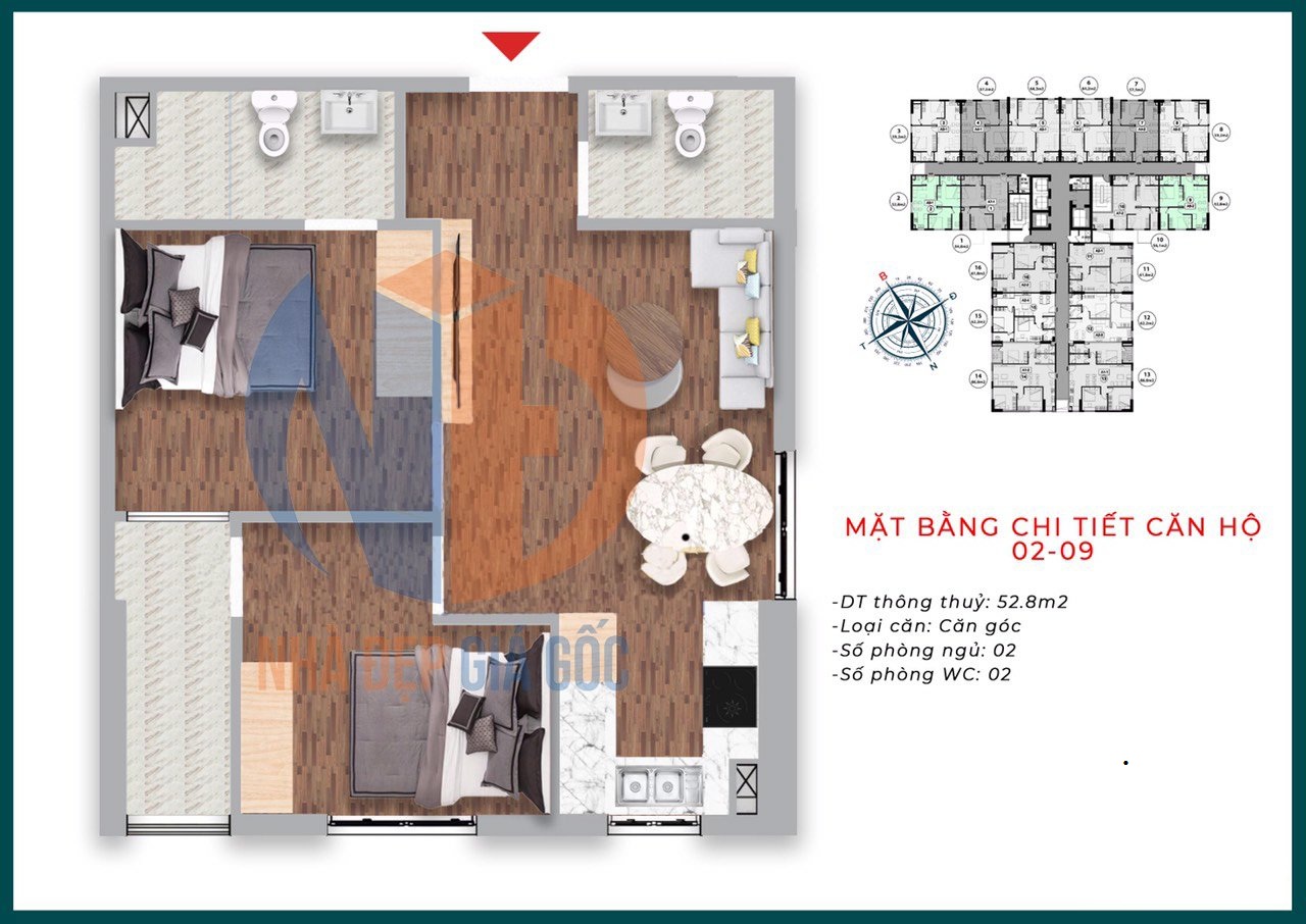 Căn hộ 02, 09 diện tích 52,8m2 xphomes star Tân Tây Đô