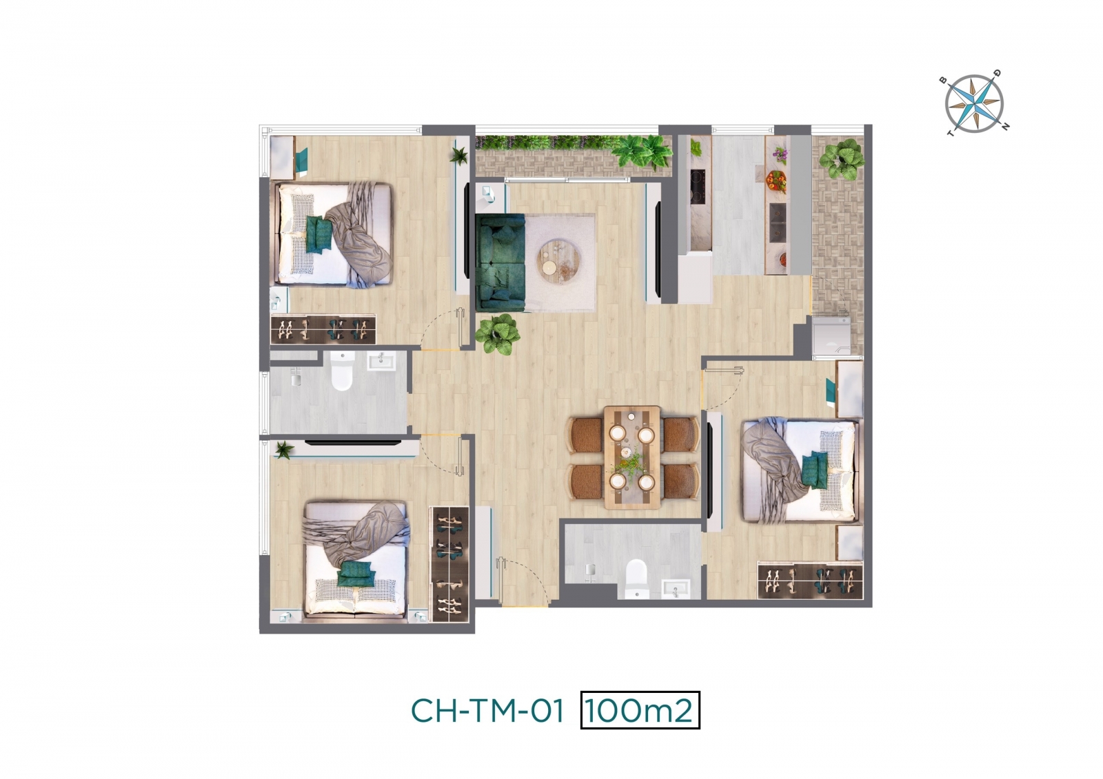 Thiết kế căn hộ 3 phòng ngủ 100m2 chung cư Quang Vinh