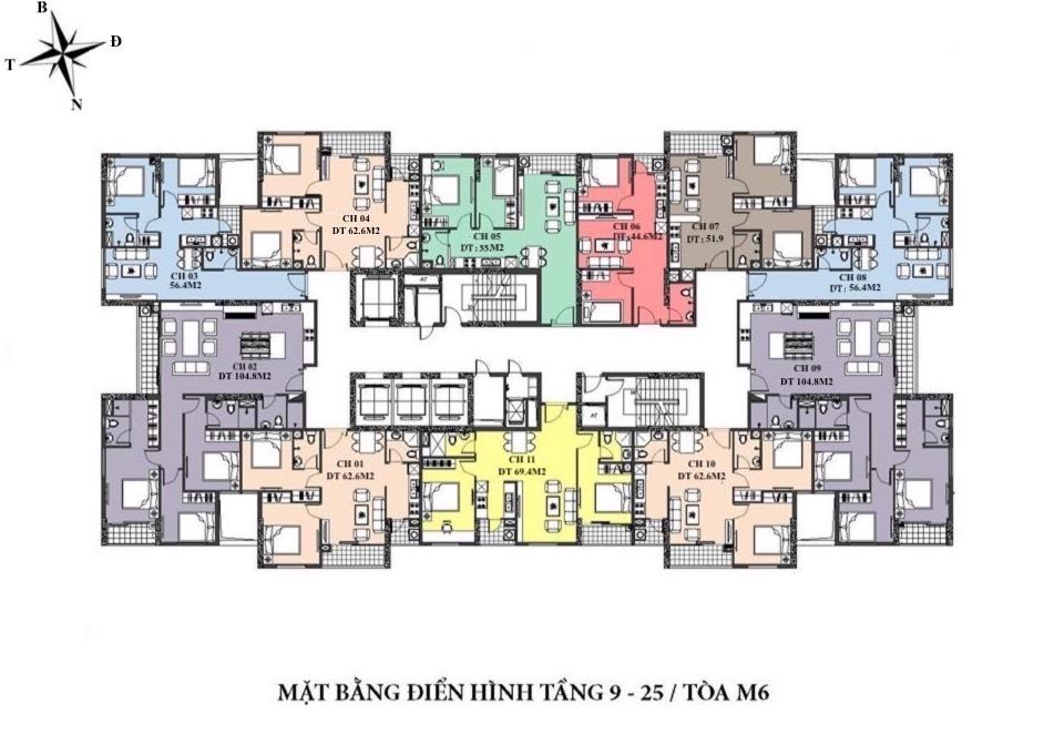 mặt bằng tầng 9-25 M6 Mipec Kiến Hưng