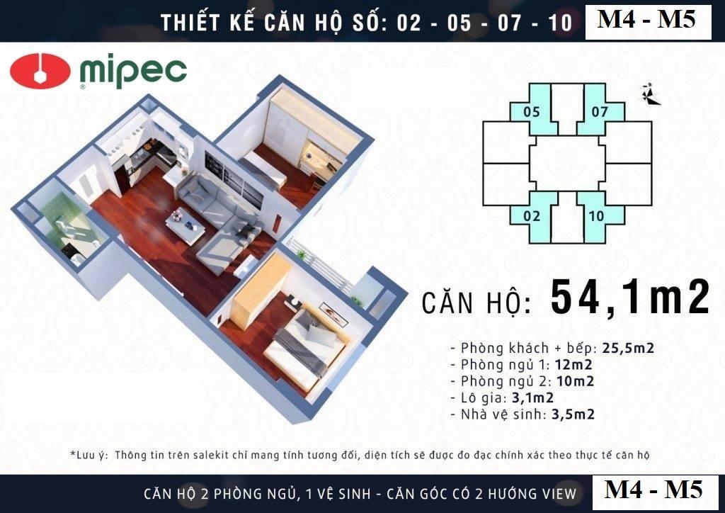 thiết kế căn hộ 54,1m2 Mipec Kiến Hưng