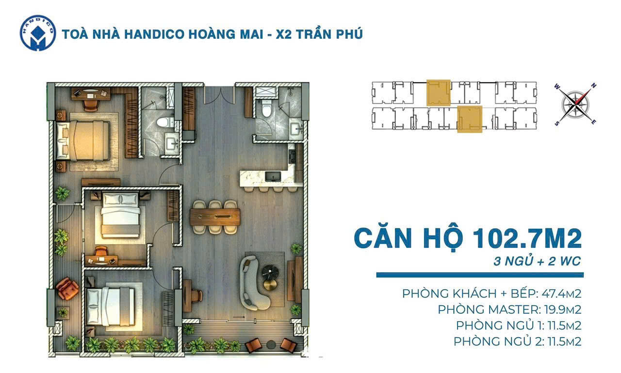 mặt bằng HanDico Riverside X2 Trần Phú căn 102m2