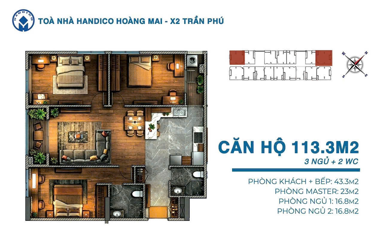 mặt bằng HanDico Riverside X2 Trần Phú căn 113m2