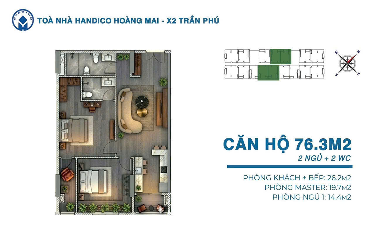 mặt bằng HanDico Riverside X2 Trần Phú căn 76m2