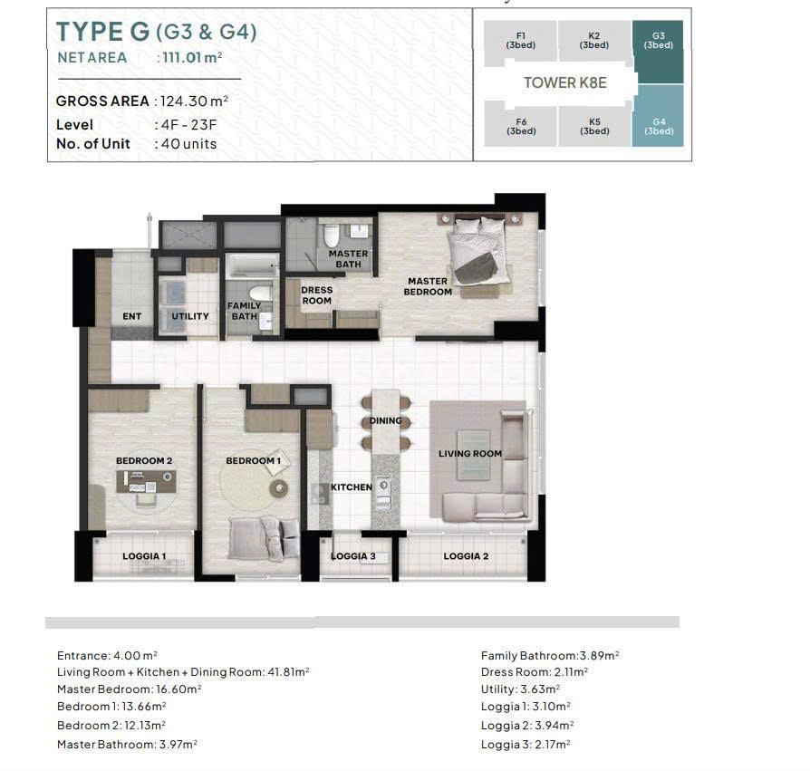 Mặt bằng căn hộ Starlake Giai đoạn 2 The Prime Tây Hồ 3 ngủ