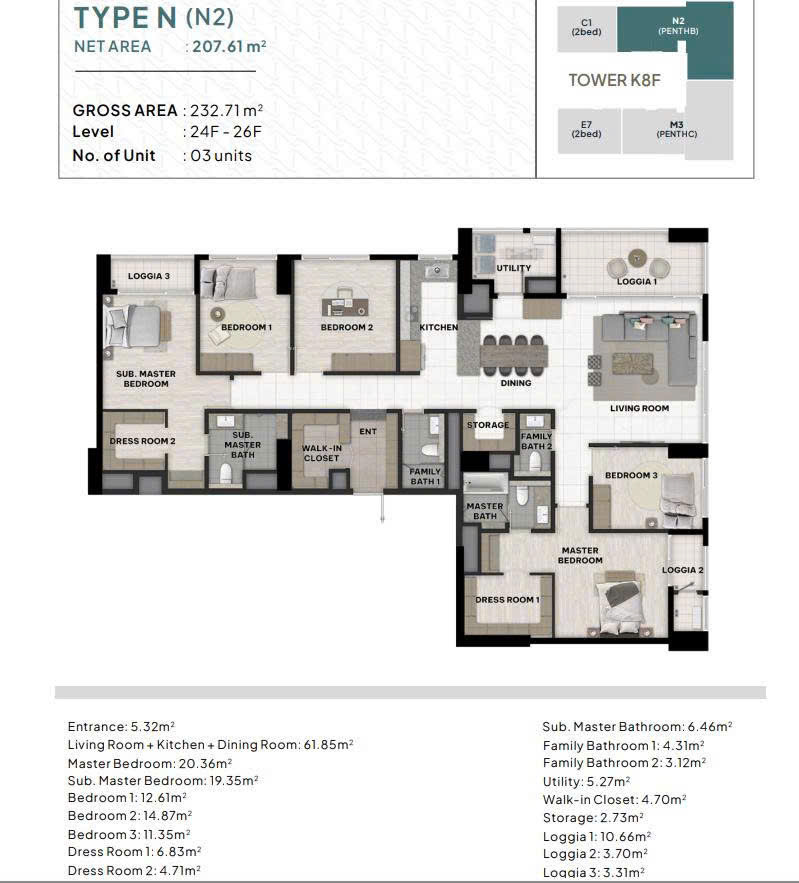 Mặt bằng căn hộ Starlake Giai đoạn 2 The Prime Tây Hồ 3 ngủ